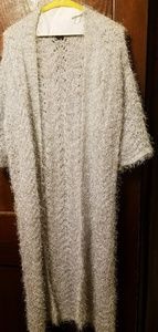Floor length silver gray hairy duster sweater coat
